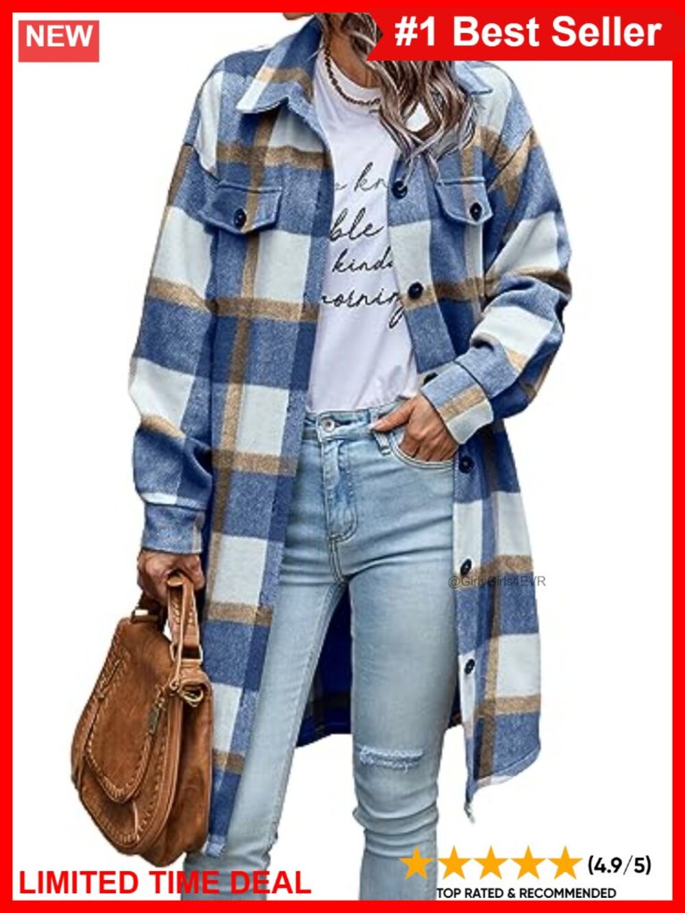 Womens Plaid Shacket Button Down Flannel Shirt Jacket Loose Fit Oversized
